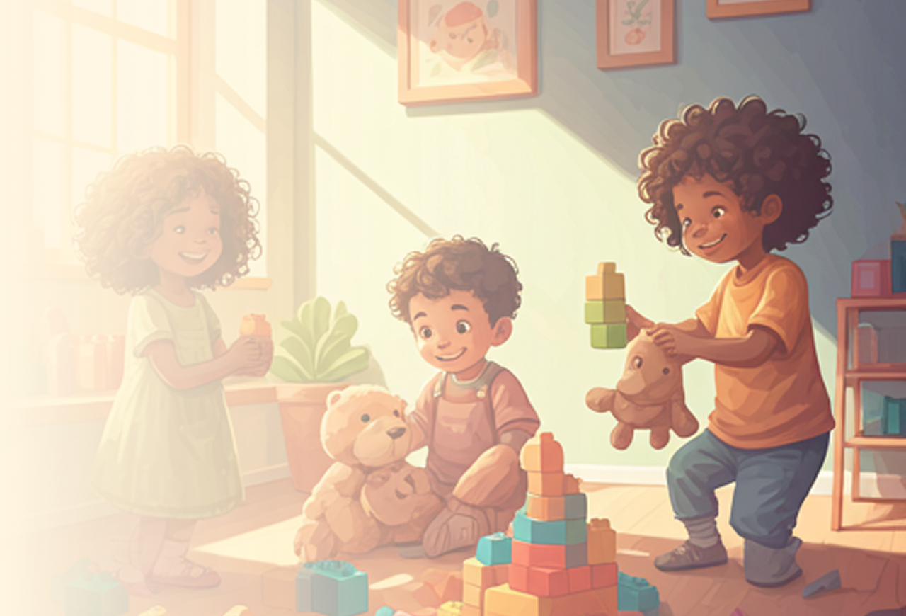 Happy children playing with toys